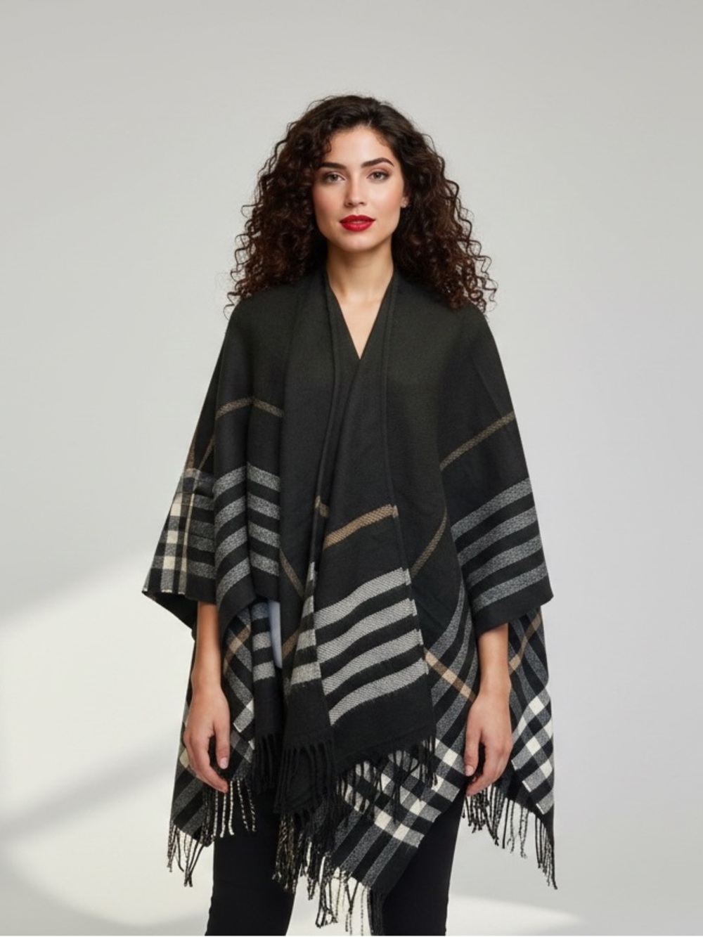 Indigo Soft Plaid Open Front Poncho Cape - Size OS